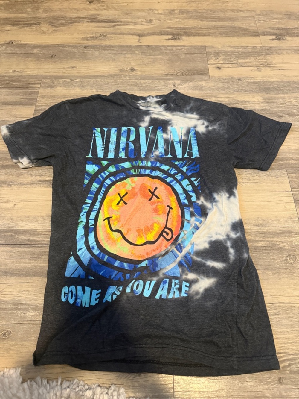 NIRVANA Black Tie-Dye Smiley Graphic Tee with Blue and Orange
